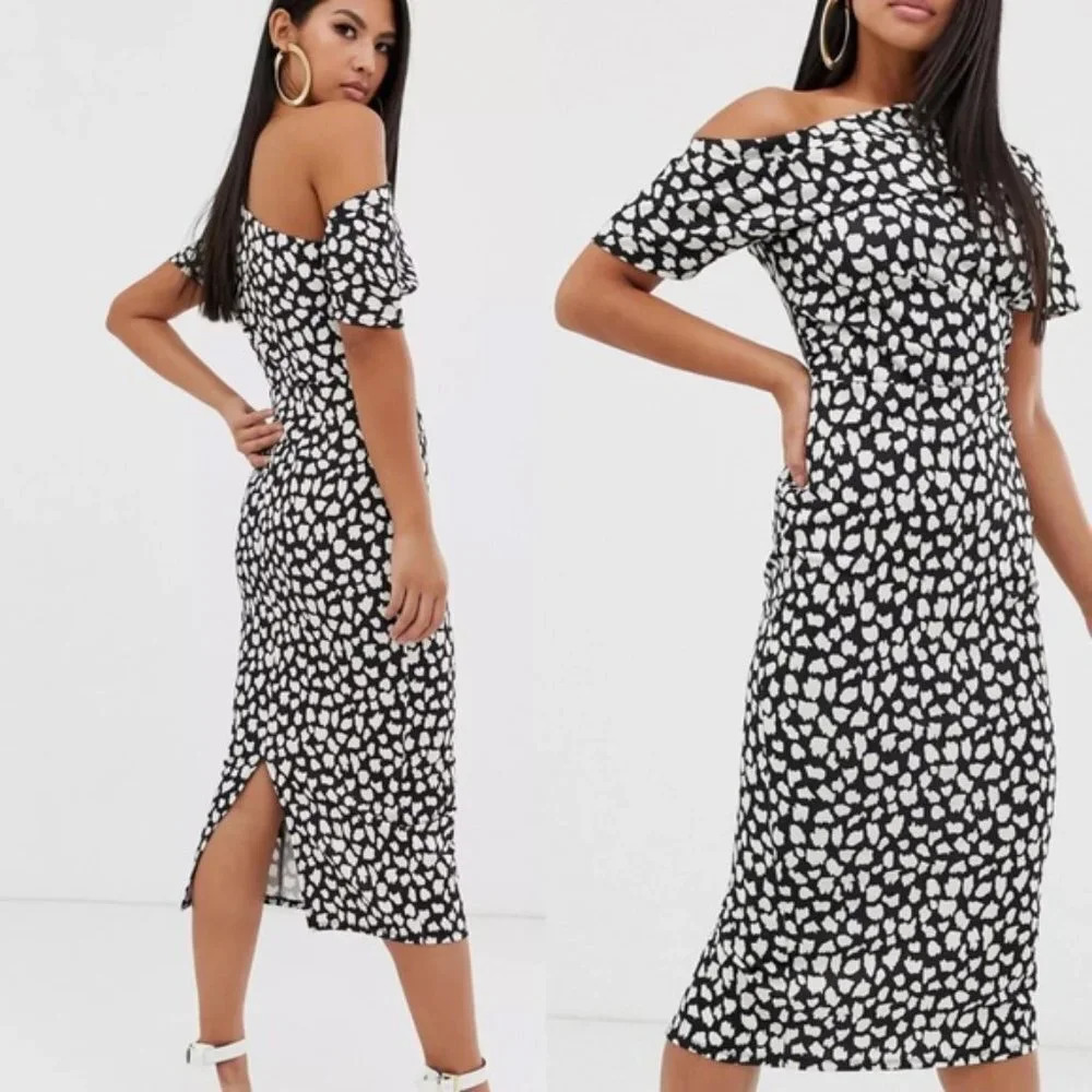 ASOS "NEW" Splodge Print Mono Polka Dot Pleated Shoulder Pencil Midi Dress Sz 12